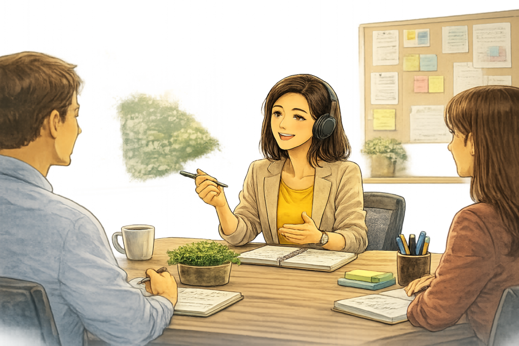 Adulto usando inglés con confianza en un ambiente profesional