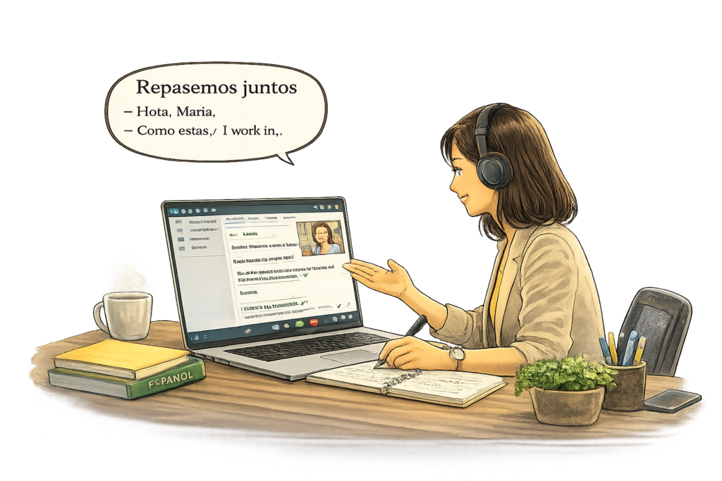 Sesión de tutoría de inglés en línea enfocada en comunicación laboral