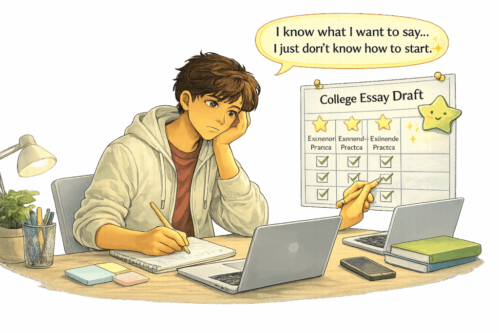 College-bound student in the Columbia Gorge staring at a blank college essay draft, feeling unsure about how to start writing.