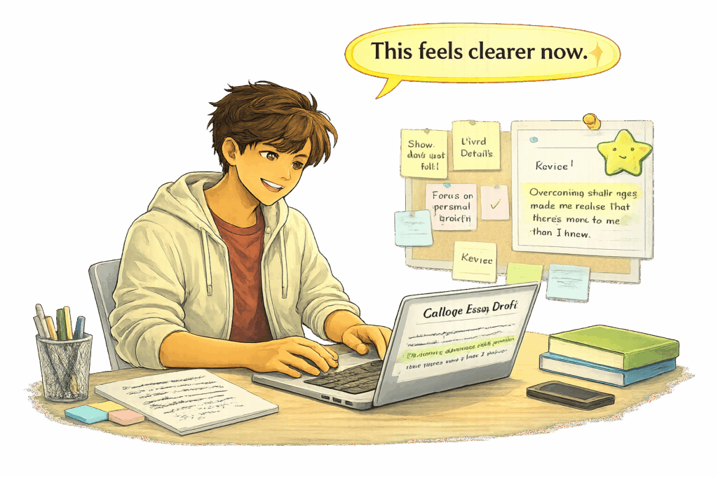 College-bound student confidently revising a college essay draft, gaining clarity and confidence through the writing process.