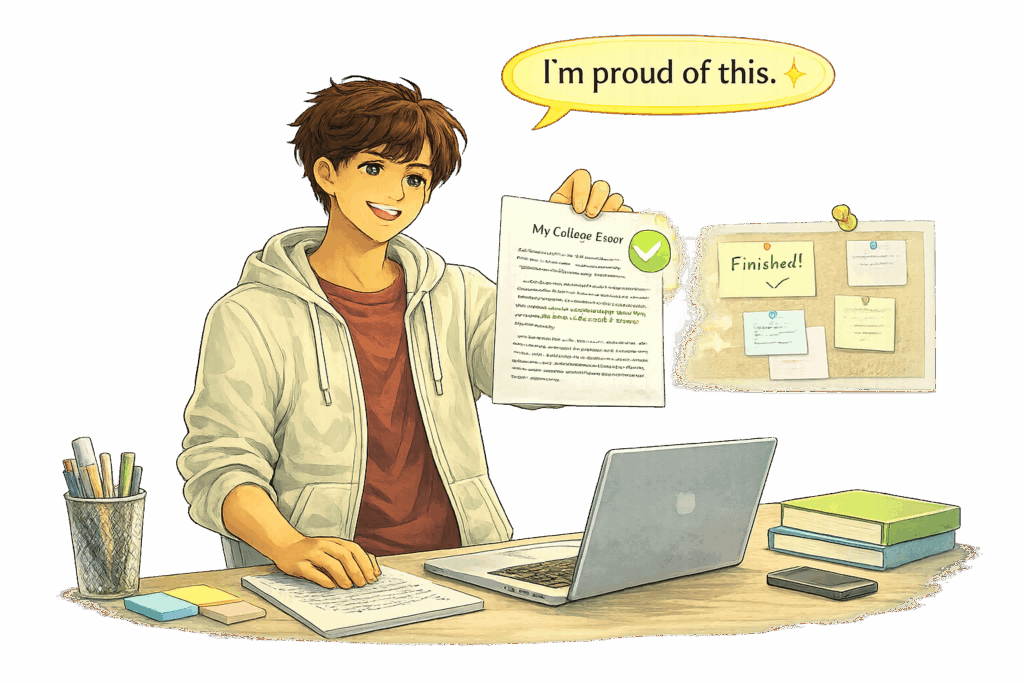 College-bound student proudly holding a completed college essay, showing confidence and readiness to submit.