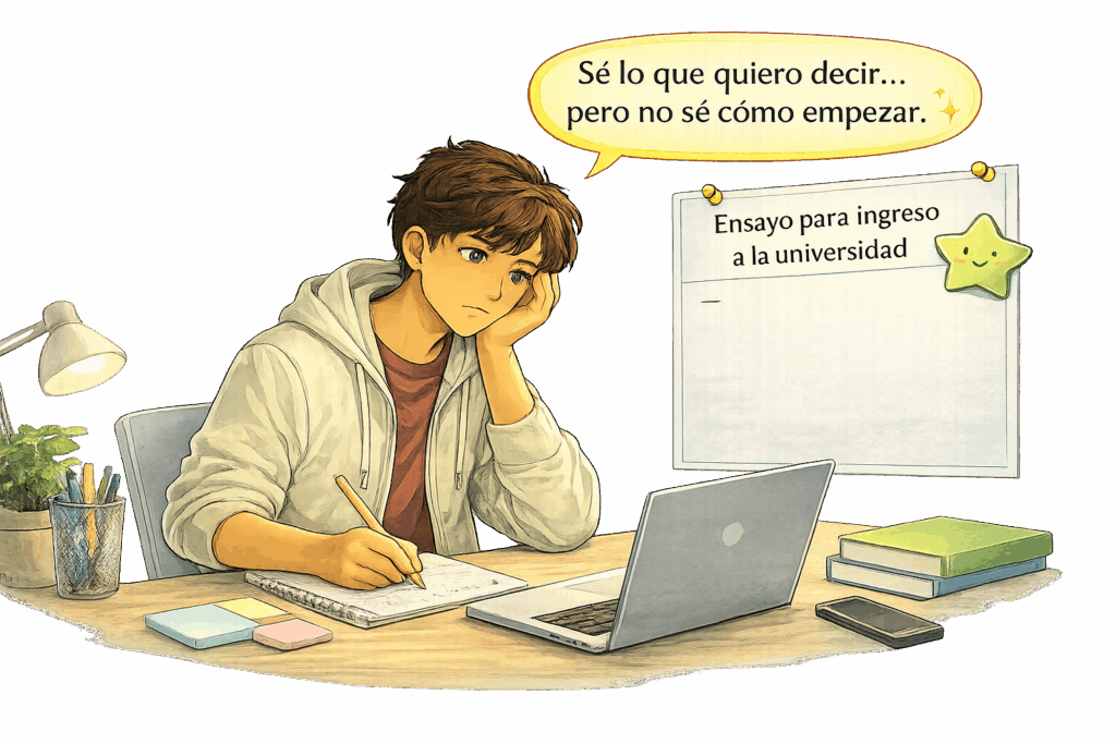 Estudiante que se prepara para la universidad mirando un borrador de ensayo en blanco, sintiéndose inseguro sobre cómo empezar a escribir.