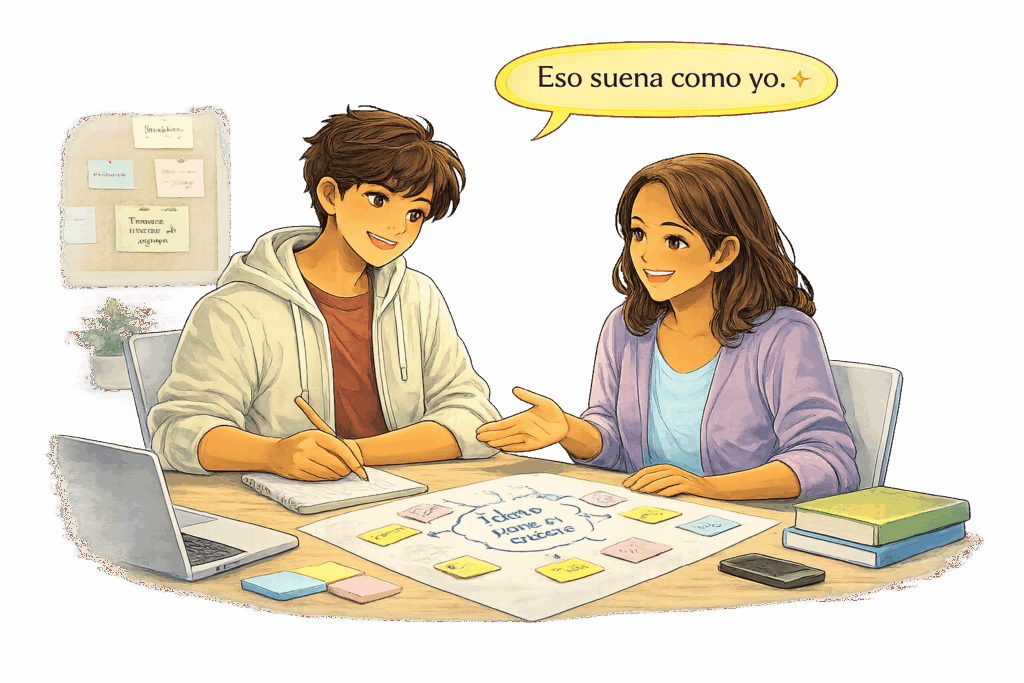 Estudiante que se prepara para la universidad trabajando con una tutora para generar ideas y organizar un ensayo universitario.