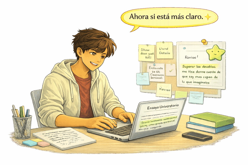 Estudiante que se prepara para la universidad revisando su ensayo y ganando claridad y confianza en su escritura.