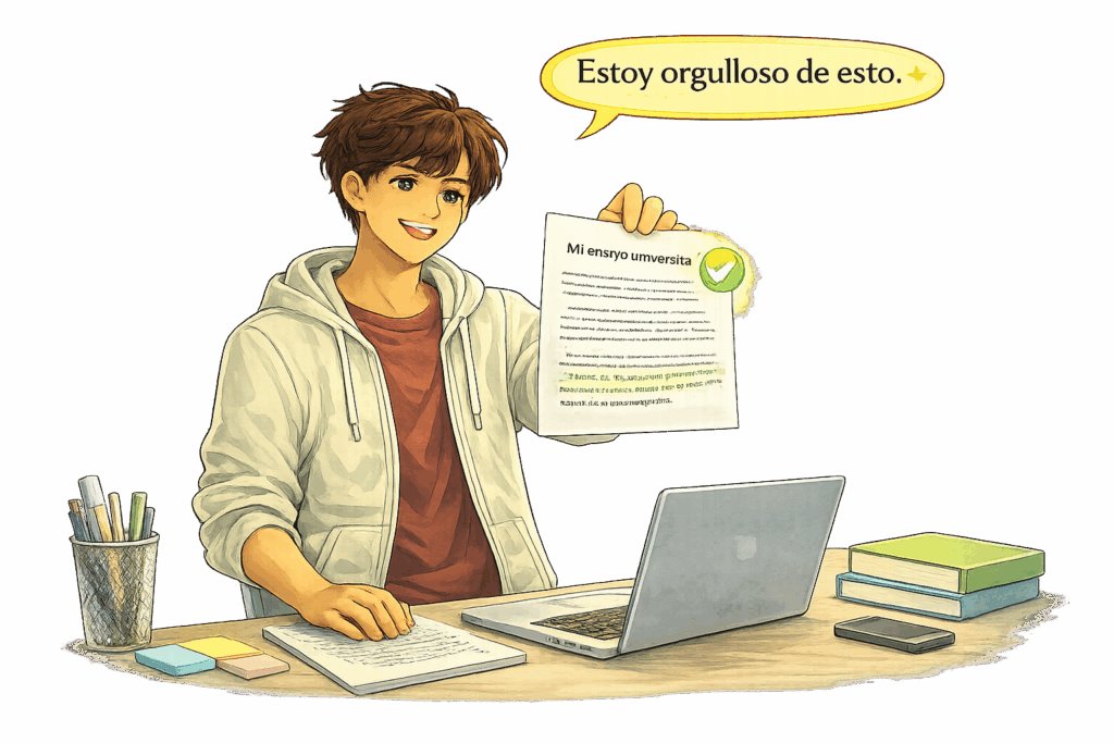 Estudiante que se prepara para la universidad mostrando con orgullo su ensayo universitario terminado, con confianza y satisfacción.