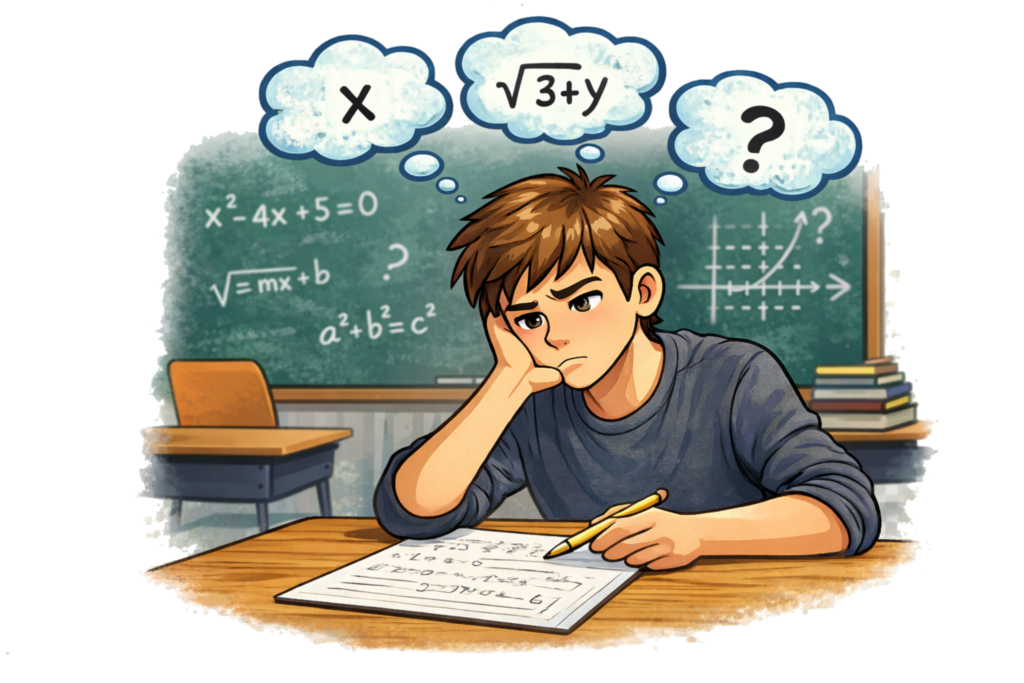 Cartoon illustration of a 9th grade student looking frustrated during Algebra I class, representing students in The Dalles and the Columbia Gorge who may need extra math tutoring support.