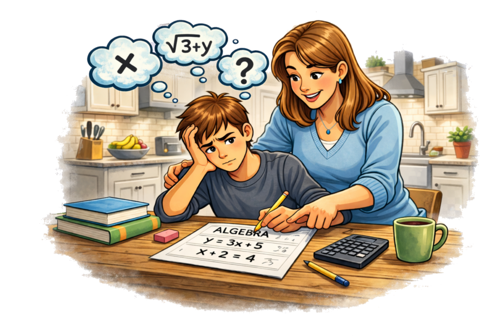 Encouraging mother assisting her 9th grade student with Algebra I homework at home, showing how families in The Dalles and the Columbia Gorge support math success.