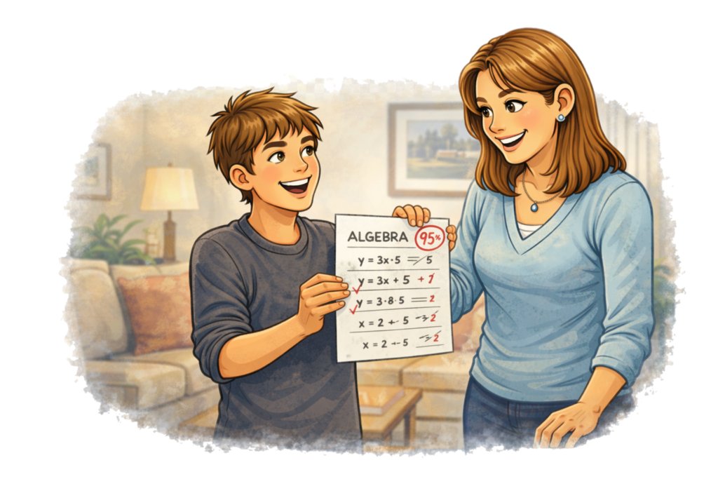 Smiling 9th grade student celebrating a high Algebra I test score with his proud mother, representing math tutoring success in The Dalles and the Columbia Gorge.