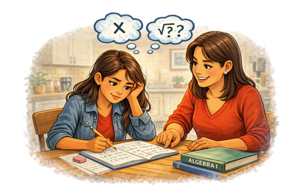 Mamá apoyando a su estudiante mexicana de 9º grado con problemas de Álgebra I en casa, mostrando la importancia del apoyo familiar en el Columbia Gorge.