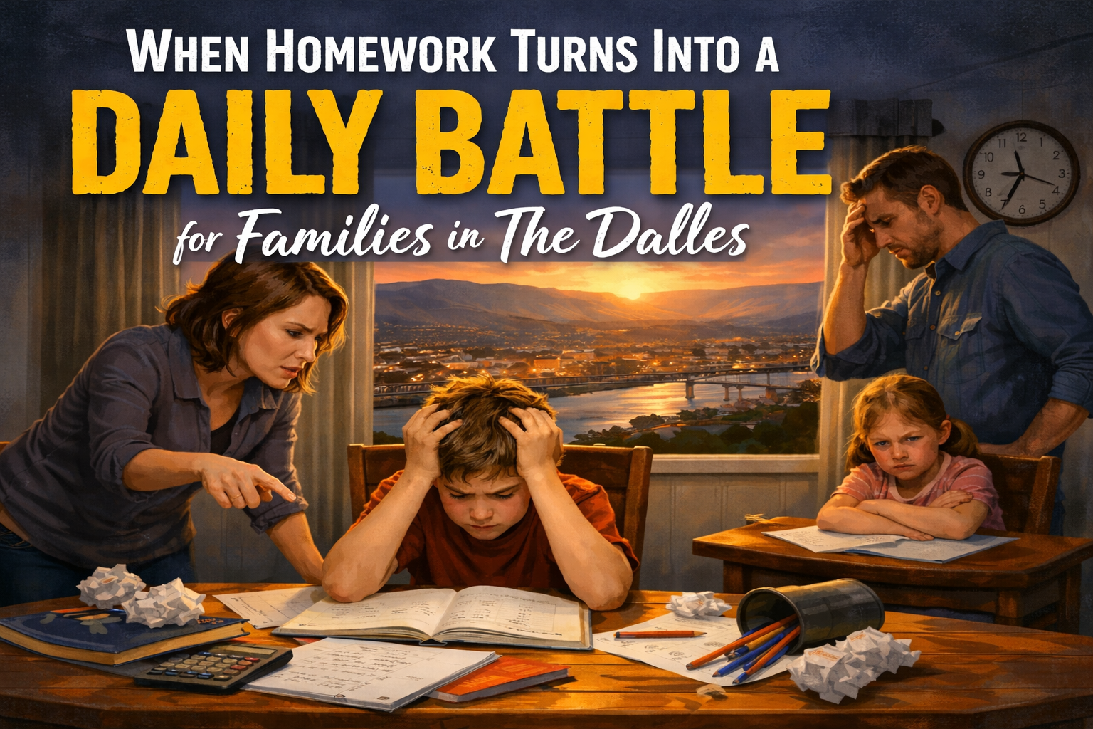 Frustrated middle school student struggling with homework at the kitchen table while parents look stressed, representing homework challenges for families in The Dalles, Oregon.