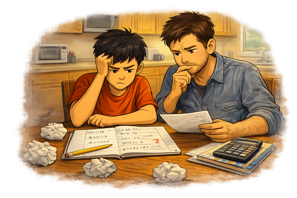Parent helping student with homework at home in The Dalles.
