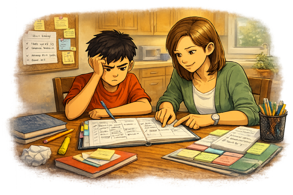 Tutor helping a middle school student organize homework assignments.