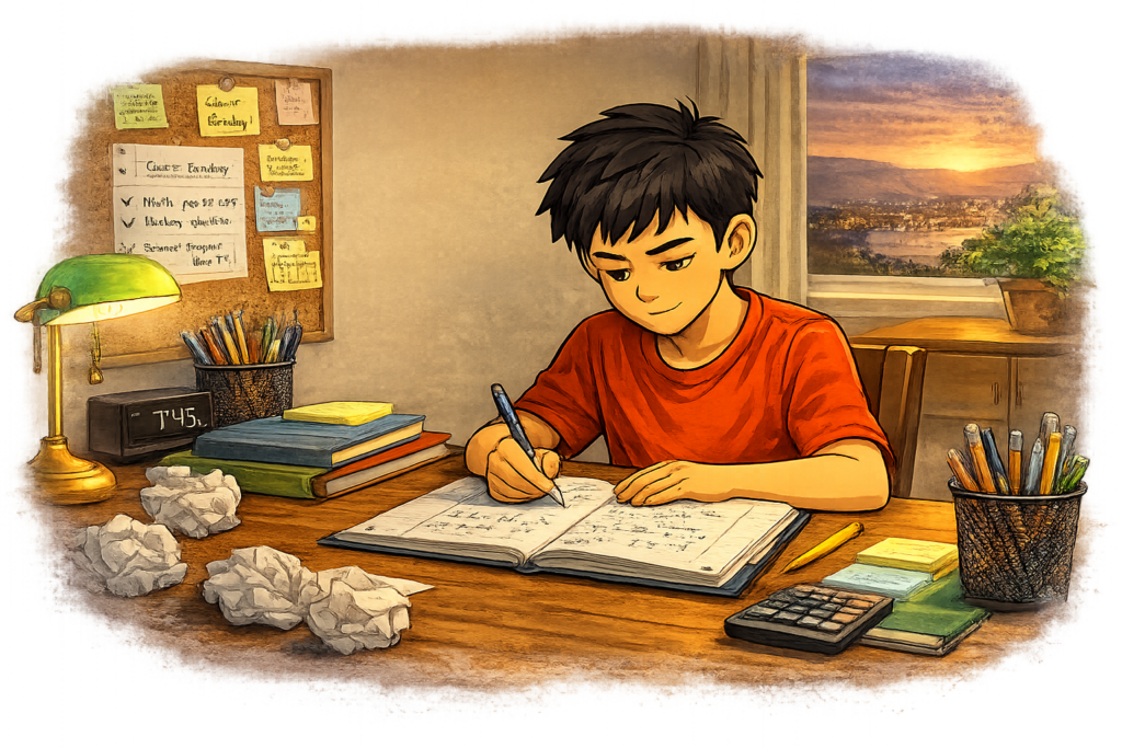 Student confidently completing homework after developing study strategies.