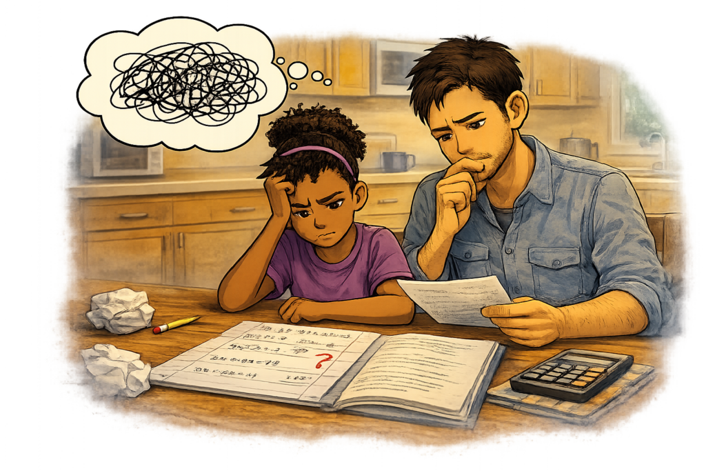 Padre ayudando a su estudiante con la tarea en casa en The Dalles.