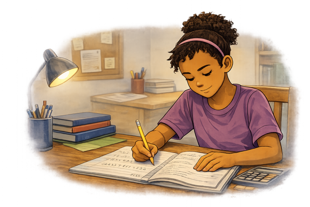 Estudiante completando su tarea con confianza después de aprender estrategias de estudio.
