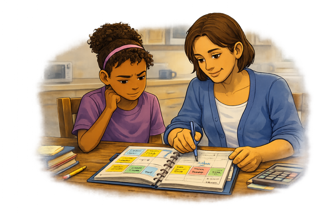 Tutor ayudando a un estudiante de secundaria a organizar su tarea.