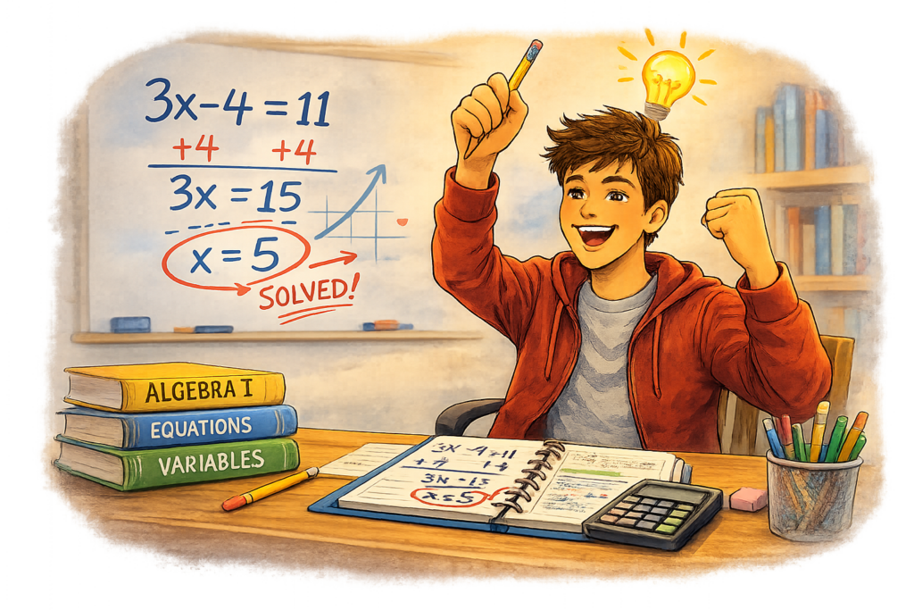 High school student in The Dalles Oregon confidently solving an Algebra I equation