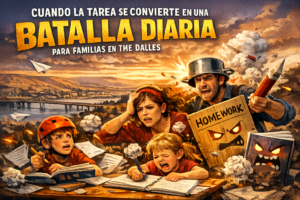 Familia en The Dalles, Oregon luchando con la tarea escolar en casa durante la noche, ilustrando el estrés académico que enfrentan muchos estudiantes y padres en la Columbia River Gorge.