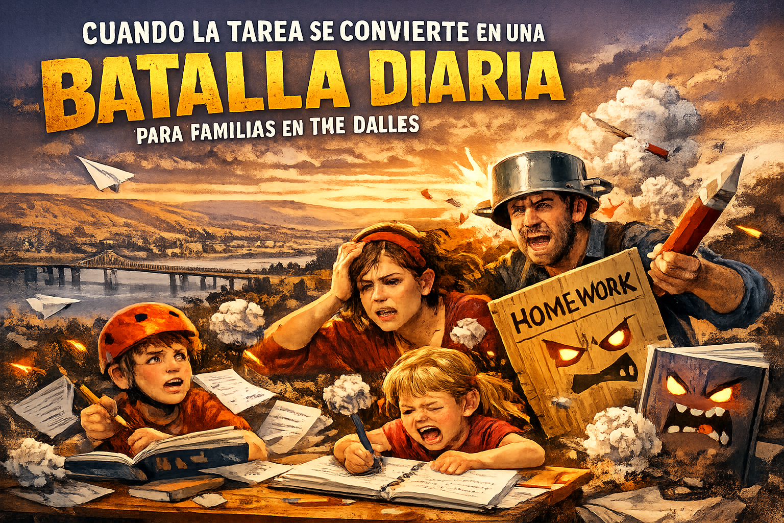 Familia en The Dalles, Oregon luchando con la tarea escolar en casa durante la noche, ilustrando el estrés académico que enfrentan muchos estudiantes y padres en la Columbia River Gorge.