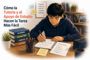 Estudiante de secundaria trabajando en su tarea con enfoque y organización en casa, representando cómo la tutoría y el apoyo de estudio ayudan a estudiantes en The Dalles, Oregon.