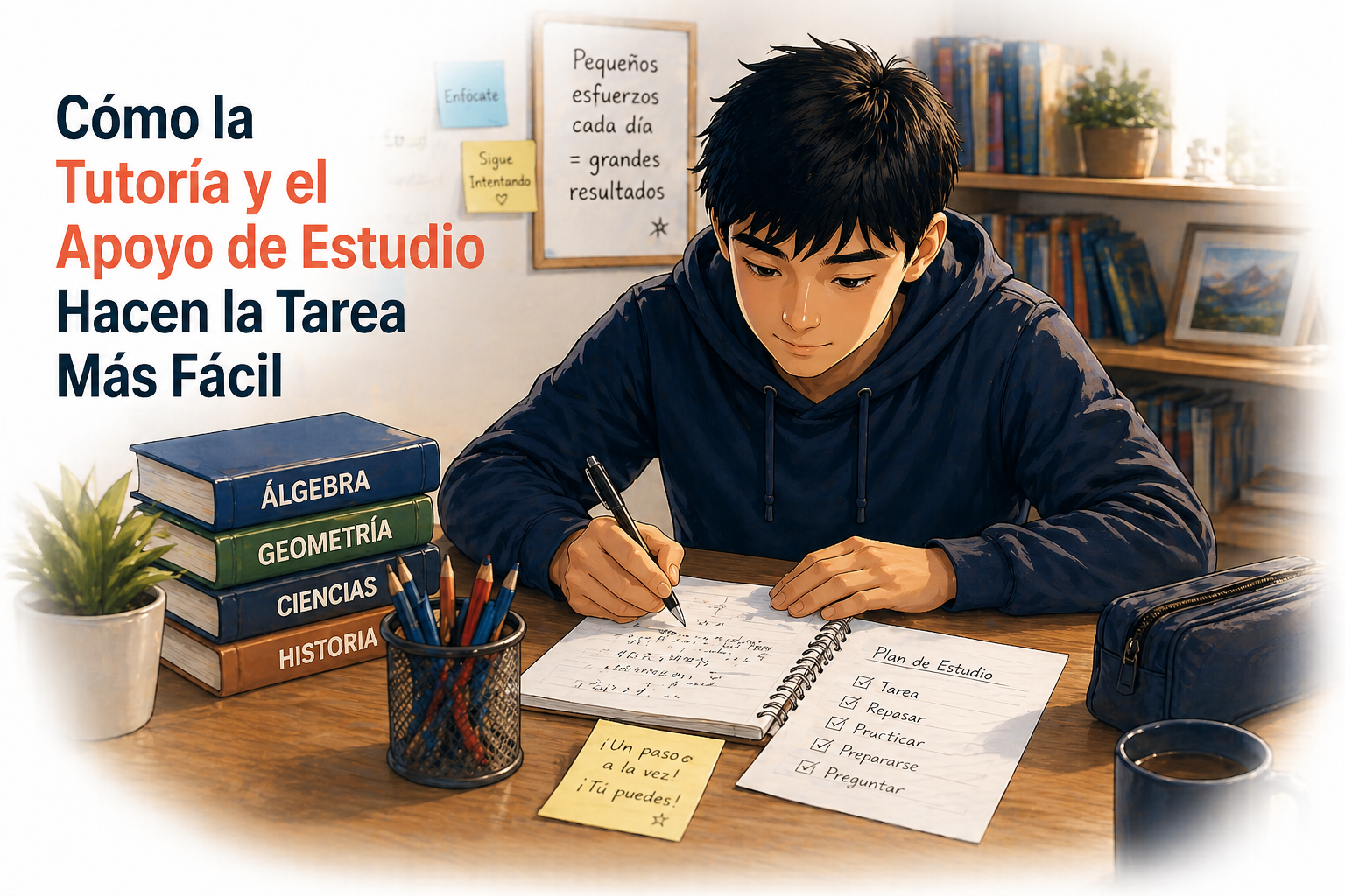 Estudiante de secundaria trabajando en su tarea con enfoque y organización en casa, representando cómo la tutoría y el apoyo de estudio ayudan a estudiantes en The Dalles, Oregon.