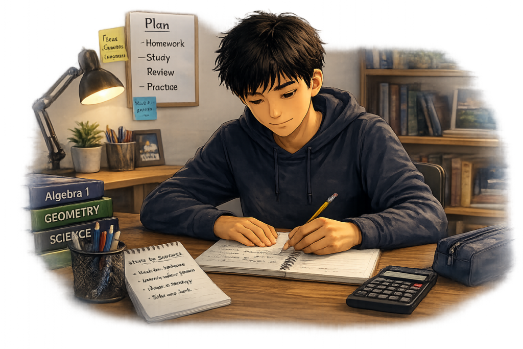 Student independently completing homework after learning study strategies.