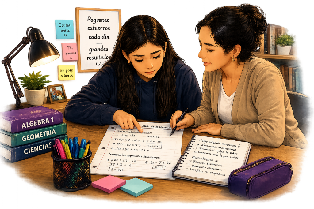 Tutor ayudando a estudiante de secundaria a entender cómo empezar su tarea