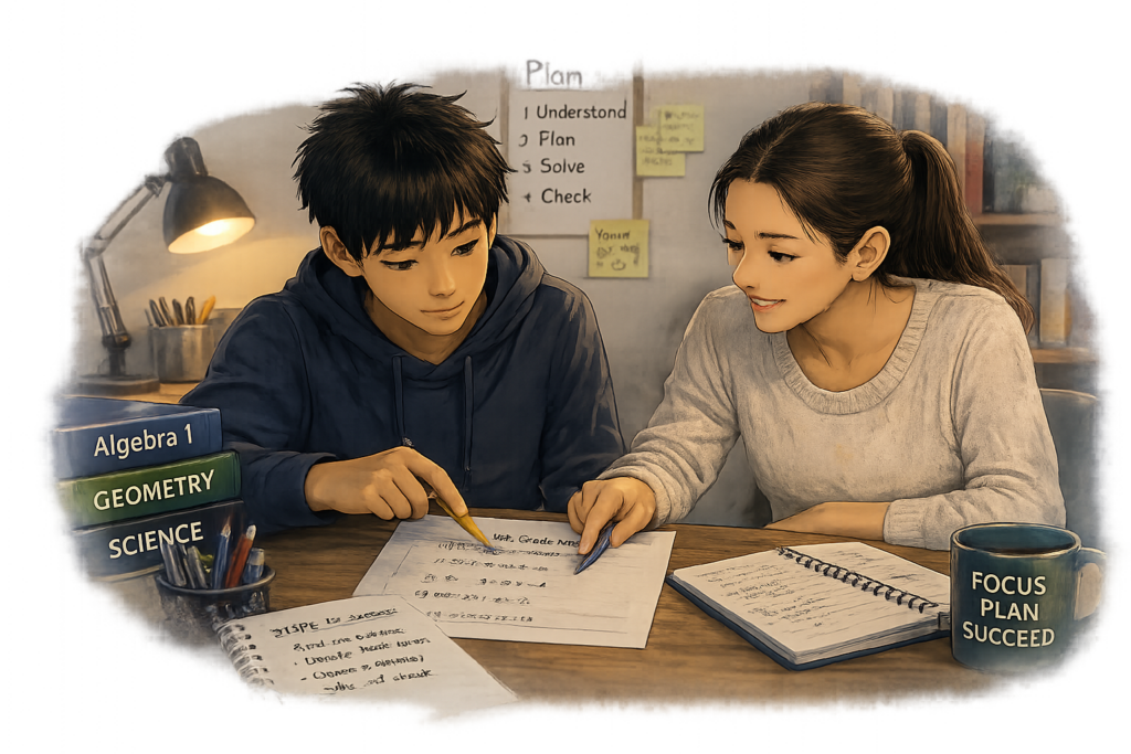Tutor helping a middle school student understand how to start homework.