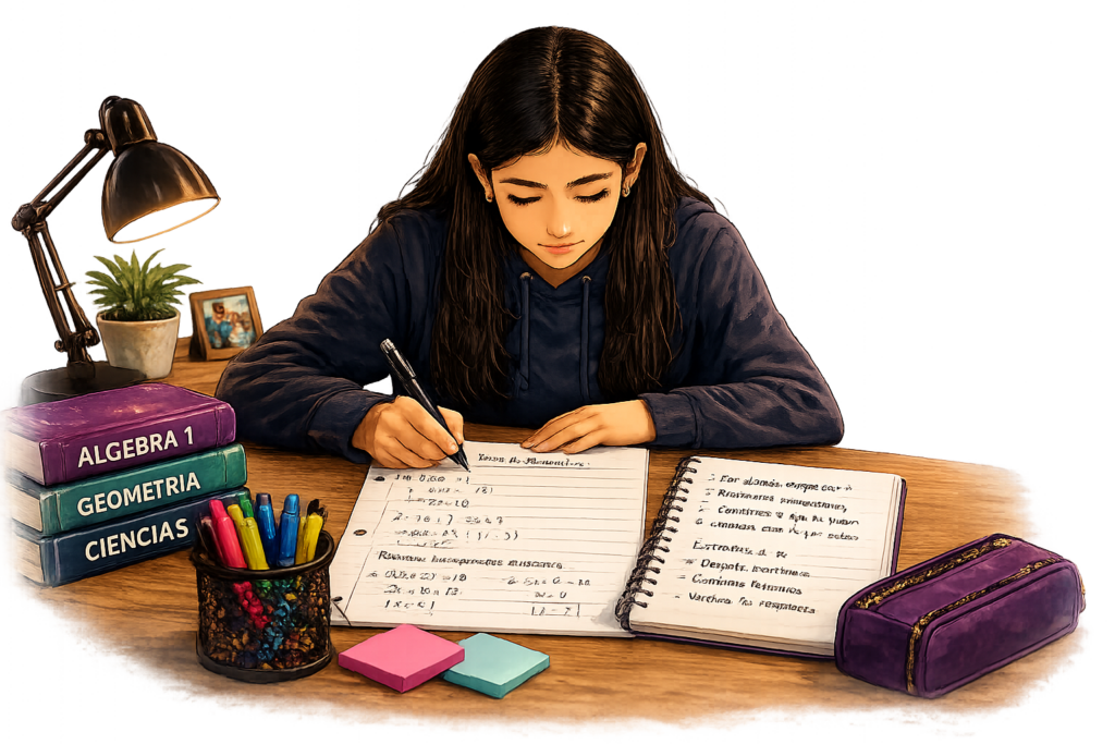 Estudiante completando su tarea de forma independiente con confianza