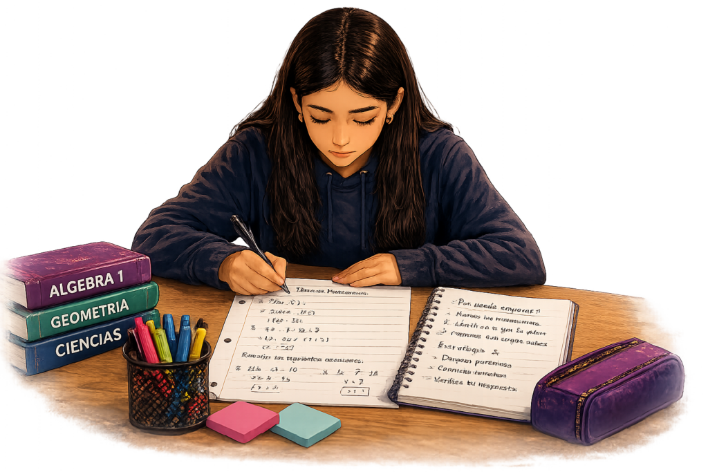 Estudiante aplicando estrategias para resolver problemas durante la tarea
