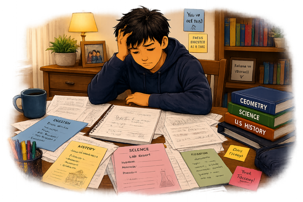 Student feeling overwhelmed by homework taking too long.