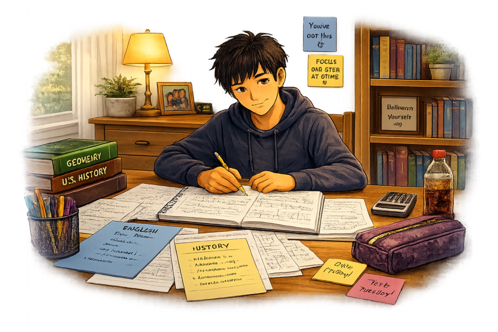 Student independently completing homework after receiving study support.