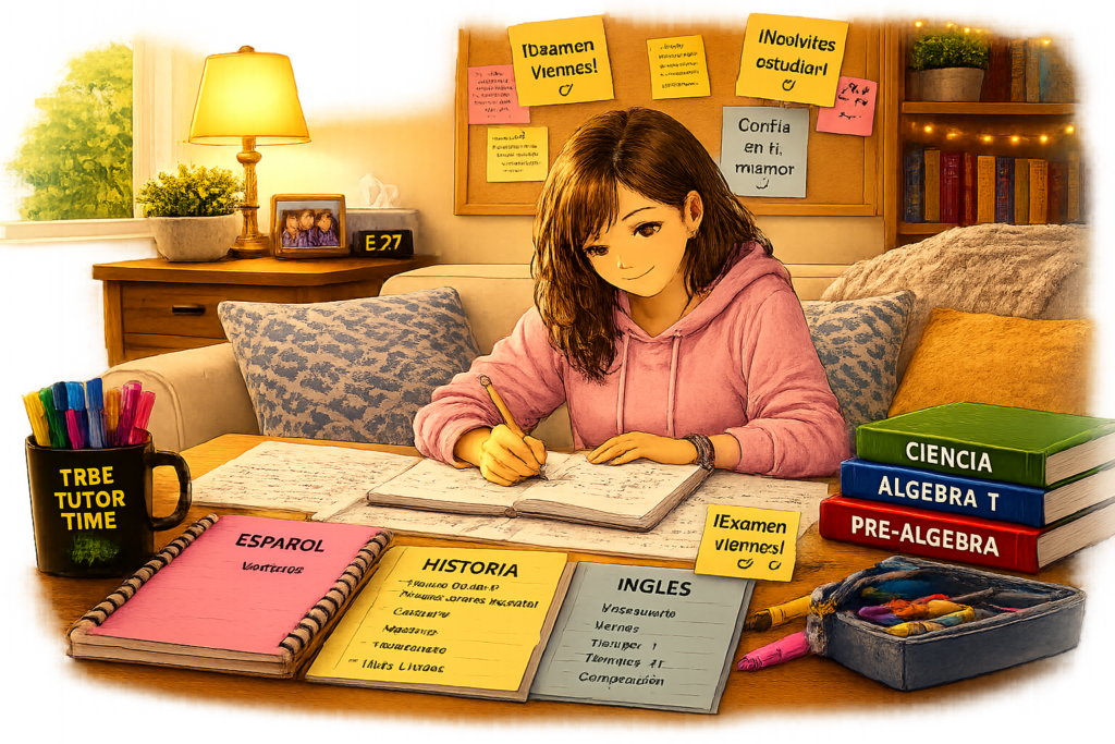 Estudiante completando tarea de forma independiente después de recibir apoyo académico
